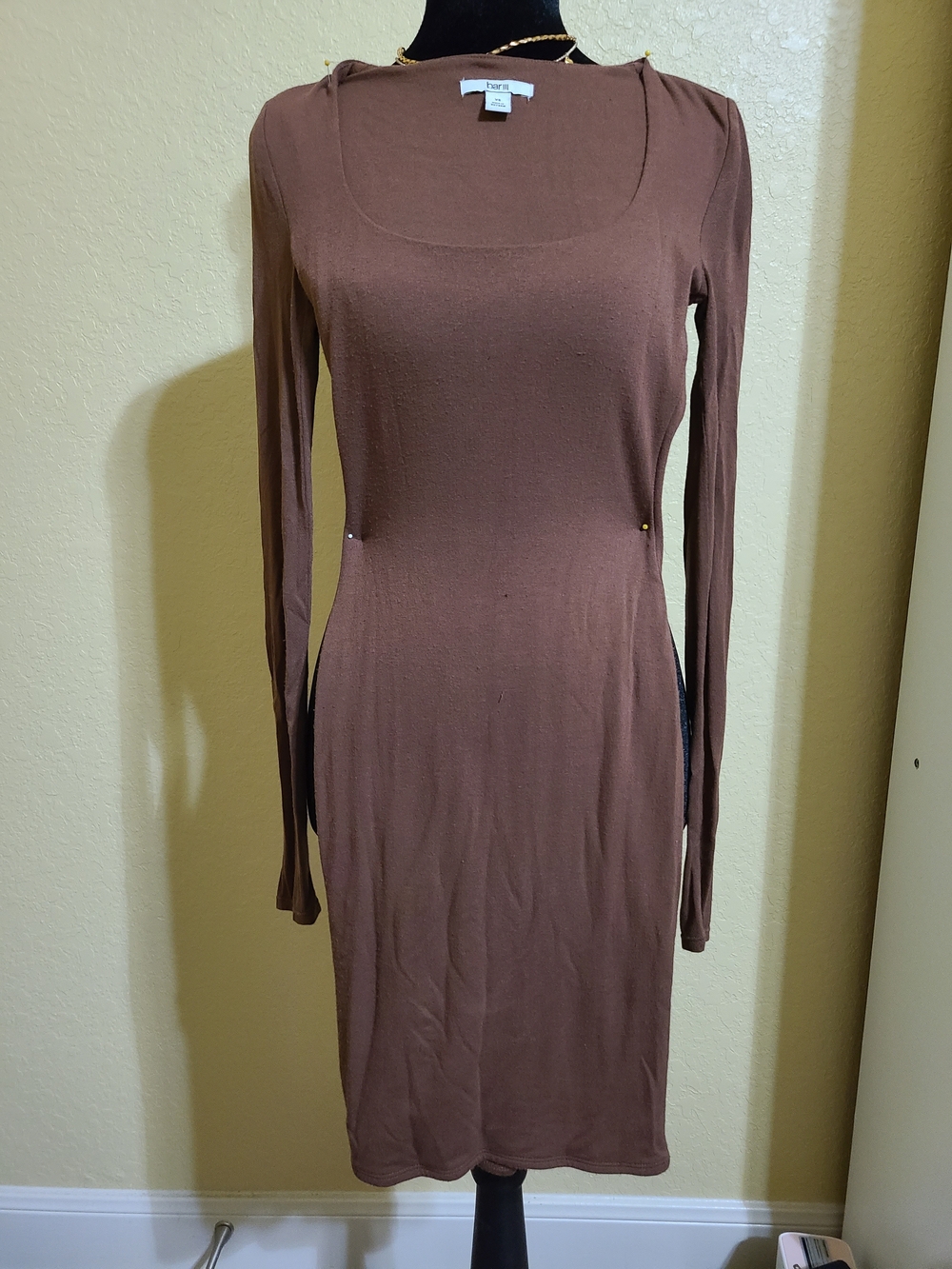 Bar III Chocolate Brown Long Sleeve Scoop Neck Midi Dress Xs